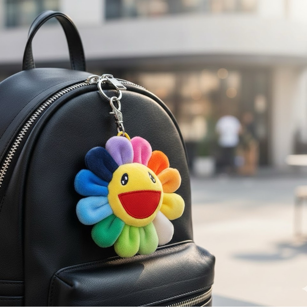 Takashi Murakami Inspired Rainbow Smiling Flower Plush Keychain Bag Charm